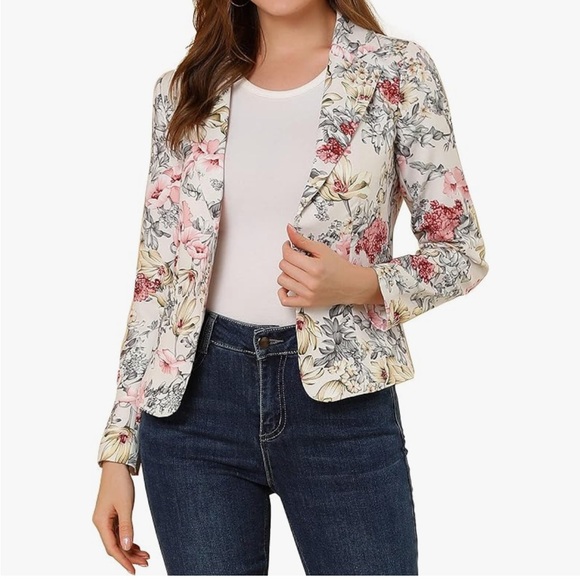 Allegra K Women's Open Front Notch Lapel Printed Casual Office Blazer Jacket - Picture 2 of 2